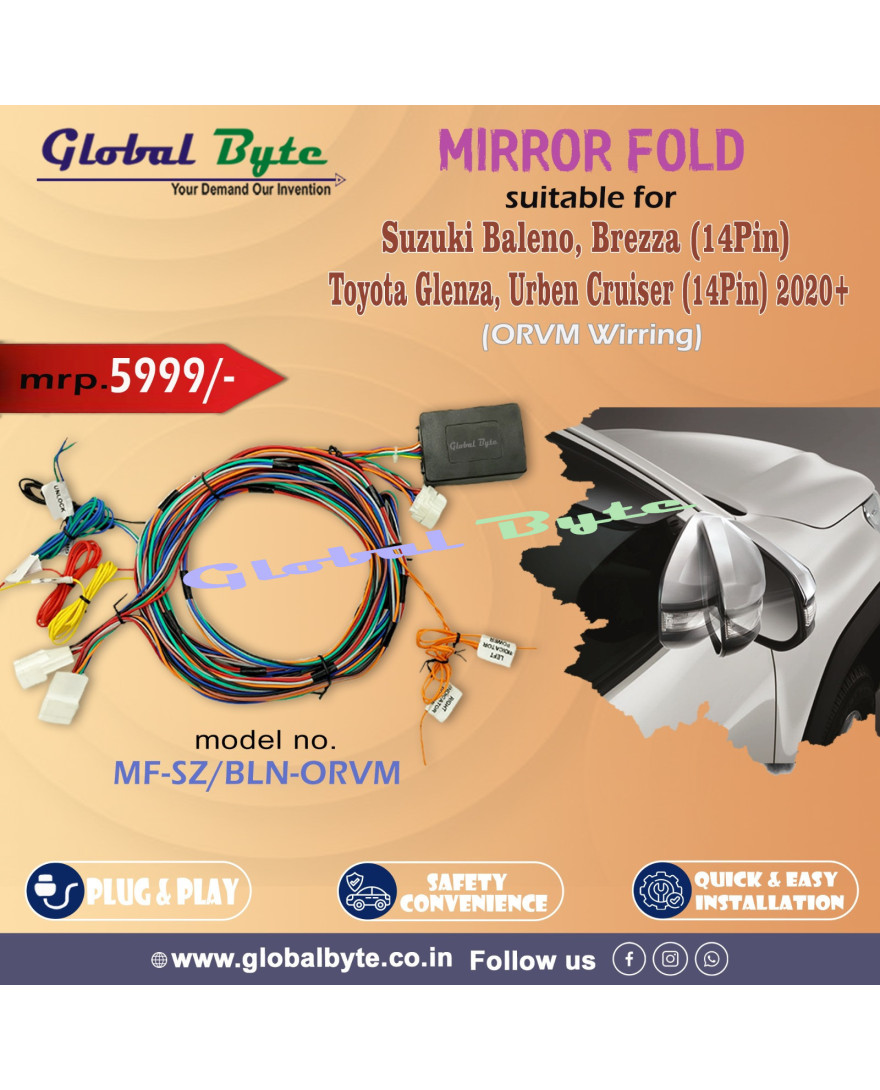 Global Byte Mirror Fold Suitable for Suzuki Baleno, Brezza 14Pin, Toyota Glenza,Urben Cruiser 14Pin 2020+ ORVM Wiring | MF-SZ/BLN-ORVN